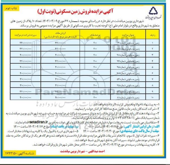 مزایده فروش تعداد 10 پلاک از زمین های متعلق به شهرداری با کاربری مسکونی- نوبت دوم