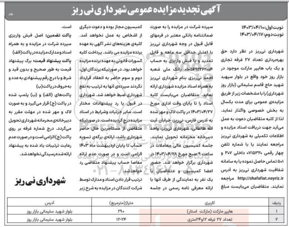 تجدید مزایده حق بهره برداری تعداد 27 غرفه تجاری و یک باب هایپر مارکت - نوبت دوم
