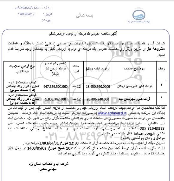 مناقصه قرائت کنتور 