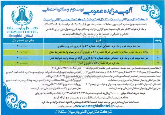 مزایده عمومی و مذاکره احتمالی مزایده غرف 19- 23- 57 و مذاکره غرفه 54 - نوبت دوم