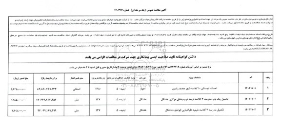 مناقصه احداث دبستان 10 کلاسه ... 