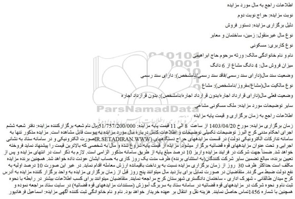 مزایده فروش ملک مسکونی مشاعی