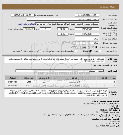 استعلام خرید کابل 24 کر NZ سبز و آبی جهت ایمن سازی مسیرهای فیبر نوری استان کرمان(درخواست مطابق با فهرست مقادیر و فایل پیوست می باشد)