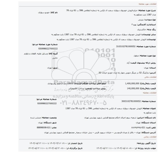 فروش خودروی سواری سمند ال ایکس به شماره انتظامی 596 ب 61 ایران 78 مدل 1387 بابت محکوم به