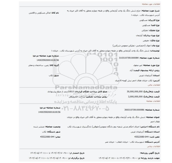 شش دانگ یک واحد آپارتمانی واقع در طبقه چهارم متعلق به آقای اکبر خیری به آدرس شهرستان تکاب ، خیابان ا