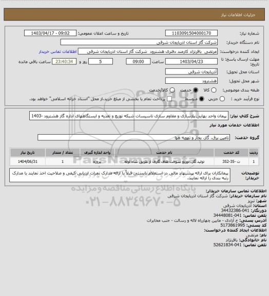 استعلام پیمان واحد بهایی بازسازی و مقاوم سازی تاسیسات شبکه توزیع و تغذیه و ایستگاههای اداره گاز هشترود -1403
