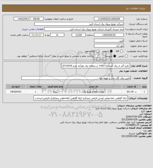 استعلام طرح گذر از پیک تابستان 1403 در منطقه برق نظرآباد طرح 3710430