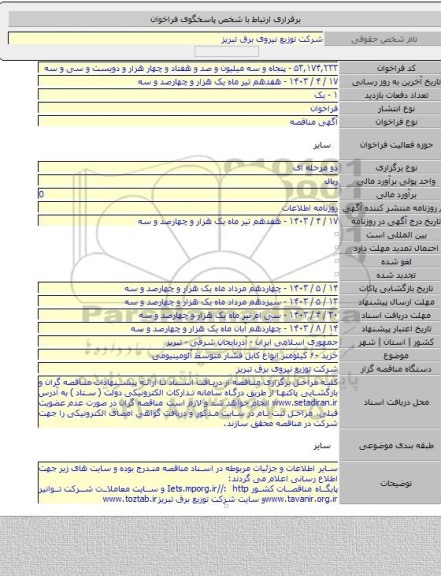 مناقصه, خرید ۶۰ کیلومتر انواع کابل فشار متوسط آلومینیومی