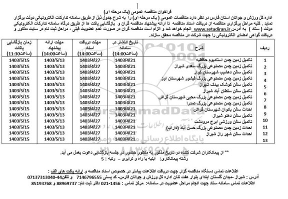 مناقصه تکمیل زمین چمن استادیوم حافظیه و ... 