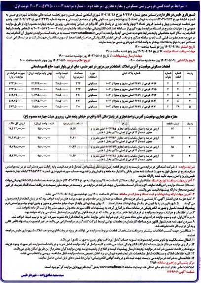 مزایده کتبی فروش زمین مسکونی و مغازه تجاری مرحله دوم نوبت اول