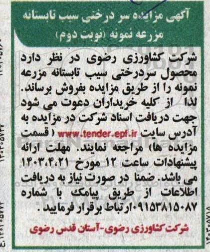  مزایده سردرختی سیب تابستانه مزرعه نمونه نوبت دوم 