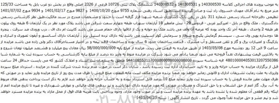آگهی مزایده ششدانگ پلاک ثبتی 10726 فرعی از 2326 اصلی واقع در بخش دو غرب بابل به مساحت 125/33 متر مربع