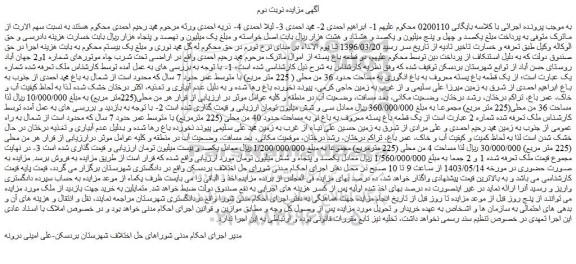مزایده فروش یک قطعه باغ پسته معروف به باغ انگوری به مساحت حدود 36 من محلی ( 225 متر مربع)