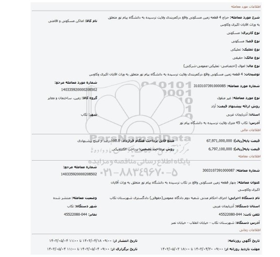 4 قطعه زمین مسکونی واقع درکمربندی ولایت نرسیده به دانشگاه ییام نور متعلق به وراث اقایان اکبری وکاوس