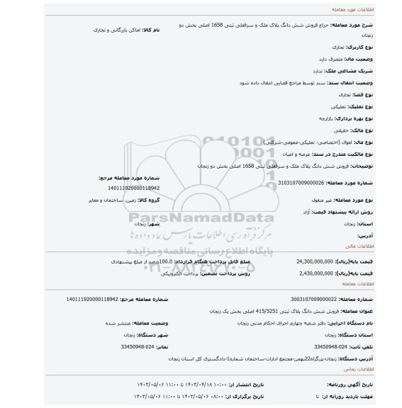 فروش شش دانگ پلاک ملک و سرقفلی ثبتی 1658 اصلی بخش دو زنجان