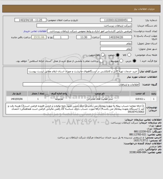 استعلام خرید خدمات تهیه کابل و کابلکشی در ایستگاههای مانیشت و مهران استان ایلام مطابق لیست پیوست