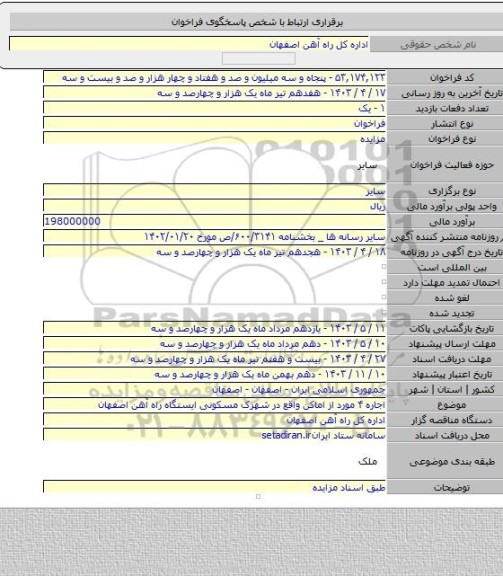 مزایده, اجاره ۴ مورد از اماکن واقع در شهرک مسکونی ایستگاه راه آهن اصفهان