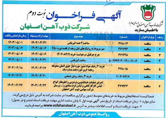 مناقصه ساخت ۲ عدد گیربکس...- نوبت دوم