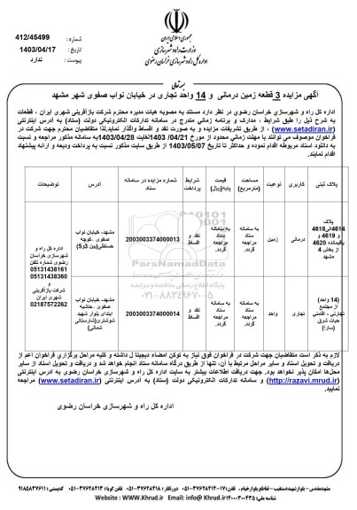 مزایده واگذاری 3 قطعه زمین درمانی و 14 واحد تجاری