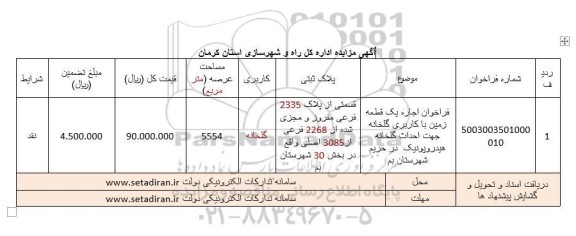 مزایده فراخوان اجاره یک قطعه زمین با کاربری گلخانه