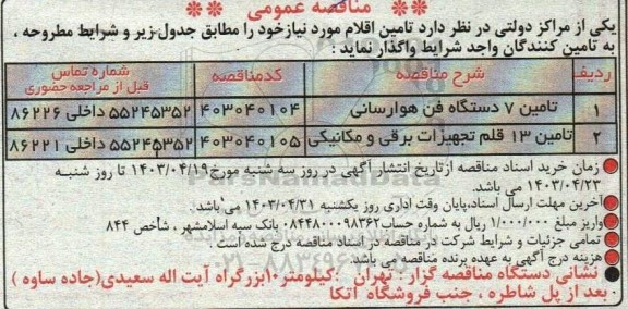 مناقصه عمومی تامین 7 دستگاه فن هوارسانی ....