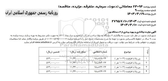 مزایده واگذاری و بهره برداری از 4 دستگاه ون