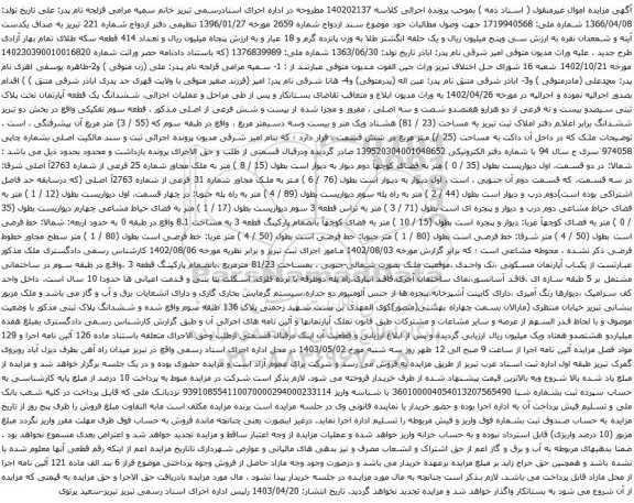 آگهی مزایده ششدانگ یک قطعه آپارتمان تحت پلاک ثبتی سیصدو بیست و نه فرعی از دو هزارو هفتصدو شصت و سه اصلی