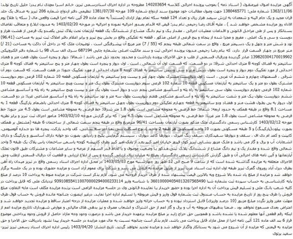 آگهی مزایده مقدار یک و نیم دانگ مشاع از ششدانگ یک قطعه آپارتمان تحت پلاک ثبتی یکصدو یک فرعی از هشت هزار و دویست و سی و یک اصلی
