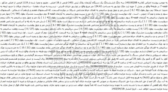 آگهی مزایده سه دانگ ازششدانگ یک دستگاه آپارتمان پلاک ثبتی 1401 فرعی از 18 اصلی ، مفروز و مجزا شده از 1119 فرعی از اصلی