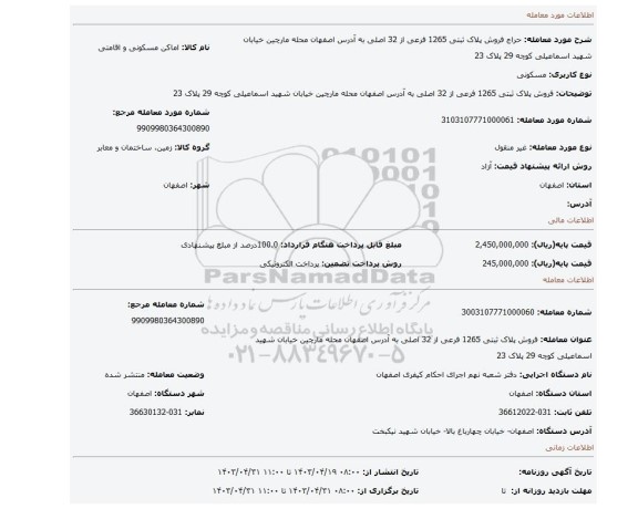 فروش پلاک ثبتی 1265 فرعی از 32 اصلی به آدرس اصفهان محله مارچین خیابان شهید اسماعیلی کوچه 29 پلاک 23
