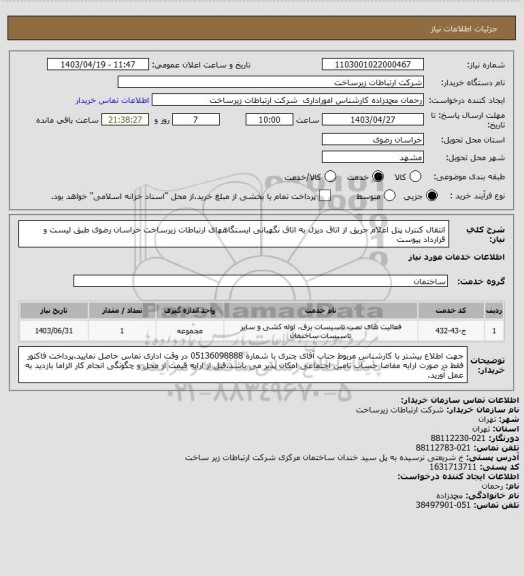 استعلام انتقال کنترل پنل اعلام حریق از اتاق دیزل به اتاق نگهبانی ایستگاههای ارتباطات زیرساخت خراسان رضوی طبق لیست و قرارداد پیوست