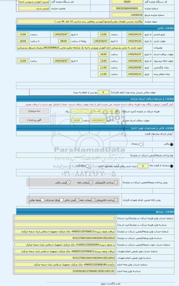 مزایده ، واگذاری بخشی ازفضای دولتی(مجتمع آموزشی ورفاهی بندار صاحبی 15 اتاق 54 تخت )