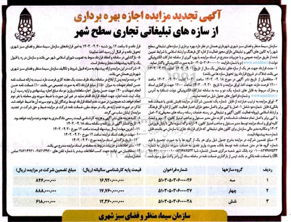 تجدید مزایده اجازه بهره برداری از سازه های تبلیغاتی سطح شهر