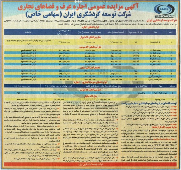 آگهی مزایده عمومی اجاره غرف و فضاهای تجاری