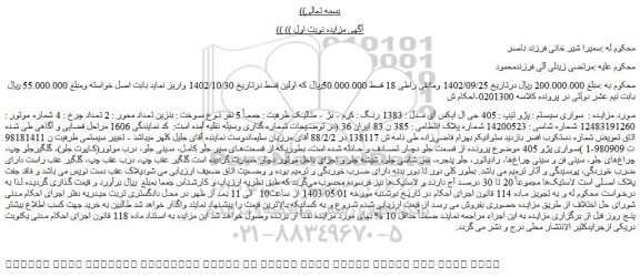 مزایده فروش سواری سیستم : پژو تیپ : 405 جی ال ایکس آی مدل : 1383 رنگ : کرم - بژ - متالیک