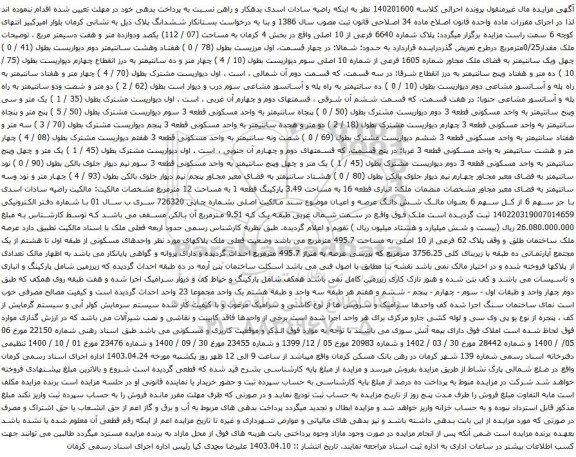 آگهی مزایده پلاک شماره 6640 فرعی از 10 اصلی واقع در بخش 4 کرمان به مساحت (07 / 112) یکصد ودوازده متر و هفت دسیمتر مربع