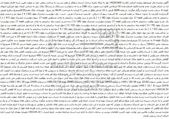 آگهی مزایده شماره 6658 فرعی از 10 اصلی واقع در بخش 4 کرمان به مساحت 66.04 متر مربع