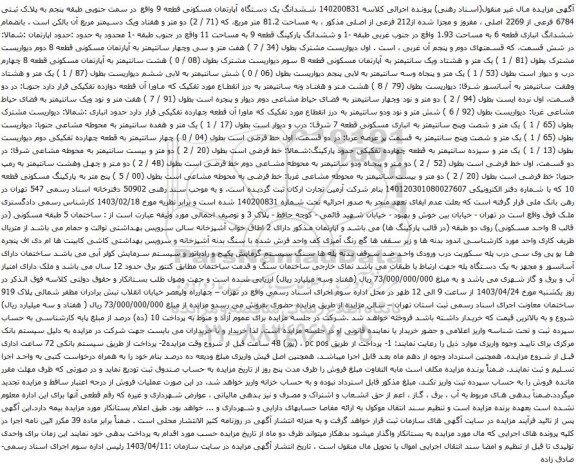 آگهی مزایده ششدانگ یک دستگاه آپارتمان مسکونی قطعه 9 واقع در سمت جنوبی طبقه پنجم به پلاک ثبتی 6784 فرعی از 2269 اصلی