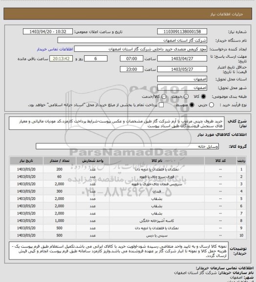 استعلام خرید ظروف چینی مرغوب با آرم شرکت گاز طبق مشخصات و عکس  پیوست-شرایط پرداخت کارمزد،کد مودیان مالیاتی و معیار های سنجش فروشندگان طبق اسناد پیوست