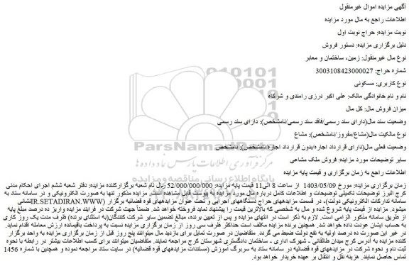 مزایده فروش  زمین، ساختمان و معابر