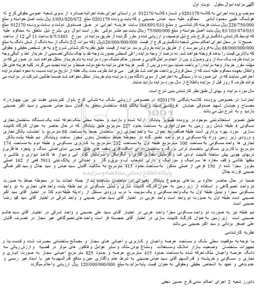 مزایده فروش یک دستگاه ساختمان تجاری مسکونی 4 طبقه