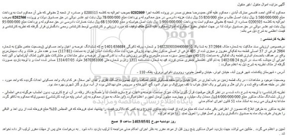 مزایده فروش ششدانگ عرصه و اعیان واحد مسکونی (وضعیت خاص طلق) به شماره 2964 فرعی از 37 اصلی قطعه سه تفکیکی مفروز و مجزی شده از 405 فرعی از اصلی