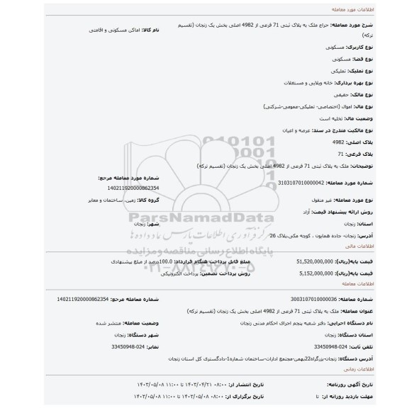 ملک به پلاک ثبتی 71 فرعی از 4982 اصلی  بخش یک زنجان (تقسیم ترکه)