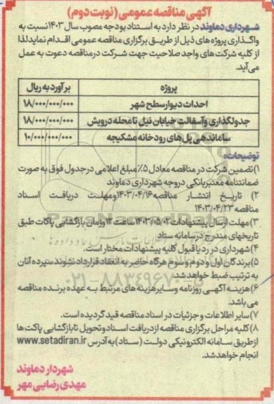 مناقصه احداث دیوار سطح شهر....