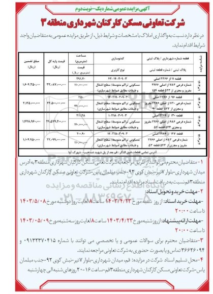 مزایده فروش چهار ملک با کاربری مسکونی تراکم متوسط - نوبت دوم