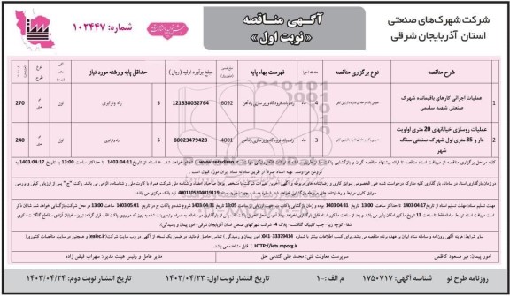 مناقصه عملیات اجرائی کارهای باقیمانده شهرک صنعتی ....