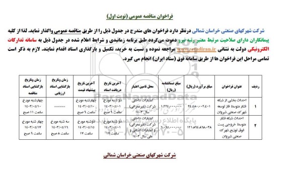 مناقصه احداث بخشی از شبکه فشار متوسط فاز توسعه شهرک ...