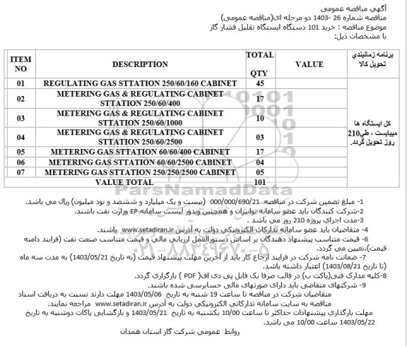 مناقصه خرید 101 دستگاه ایستگاه تقلیل فشار گاز