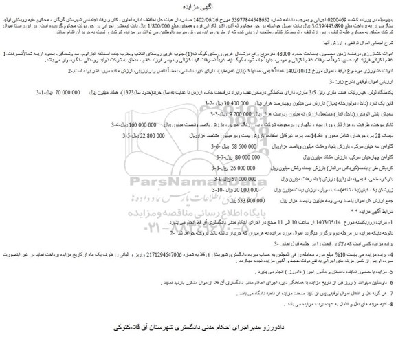 مزایده فروش ادوات کشاورزی درقطعه زمین محصور، بمساحت حدود 48000 مترمربع و...