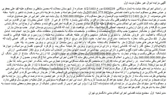 مزایده فروش سرقفلی یک باب مغازه واقع در پلاک ثبتی بشماره 1570 فرعی از 125 اصلی